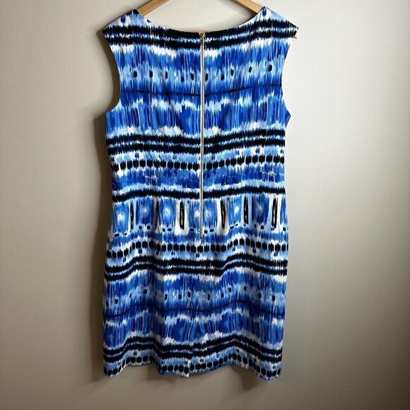 Tahari Sleeveless Midi Dress Sz 12P Blue Abstract Stripe Coastal Summer Fitted - Picture 9 of 14